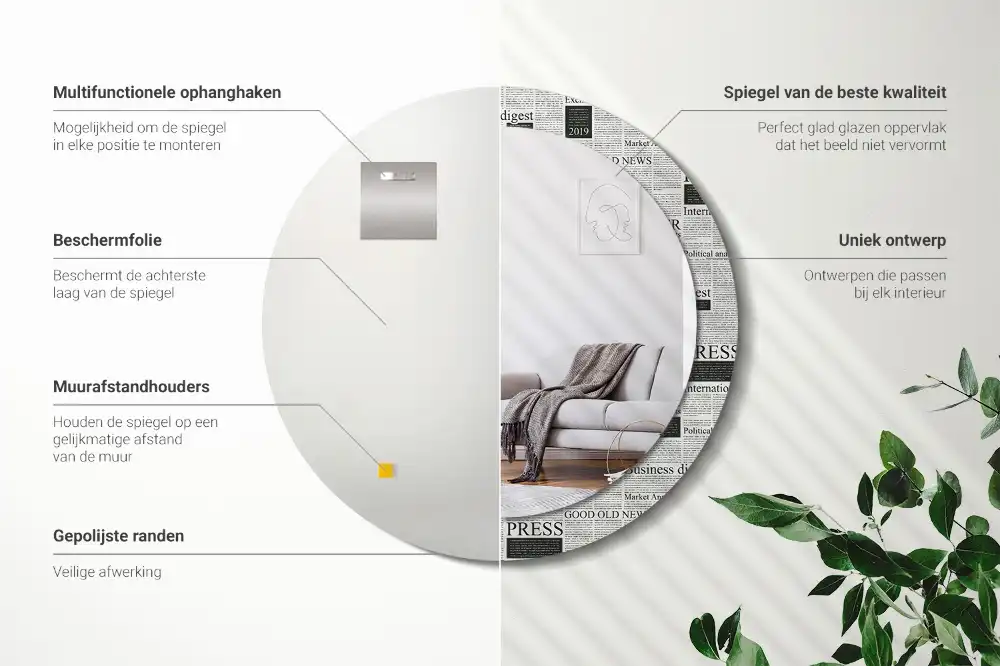 Oglindă rotundă decorativă de perete cu model ziar