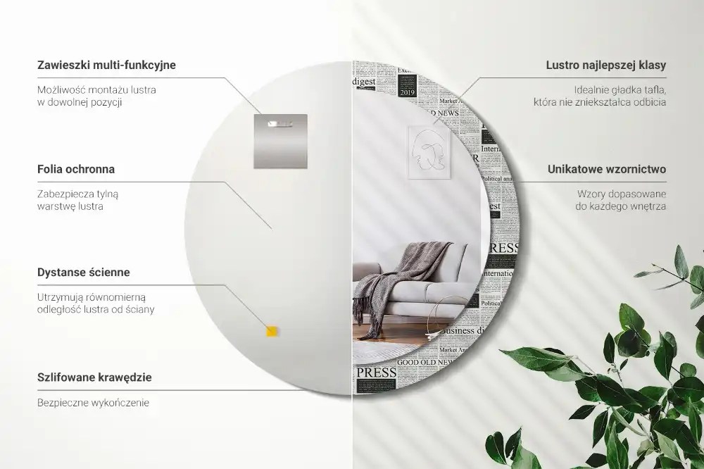 Oglindă rotundă decorativă de perete cu model ziar