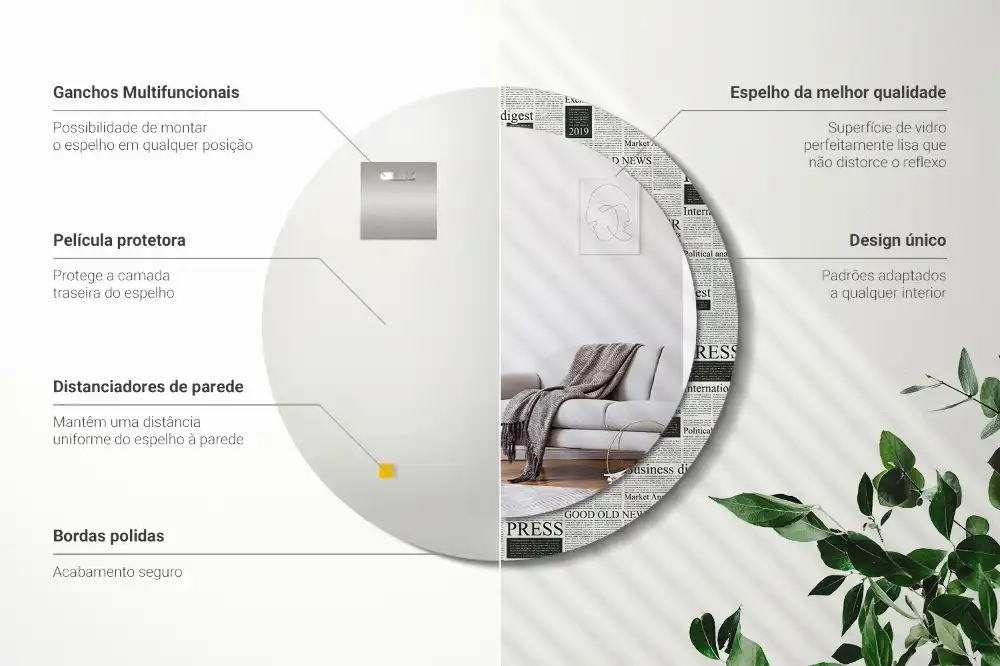 Oglindă rotundă decorativă de perete cu model ziar
