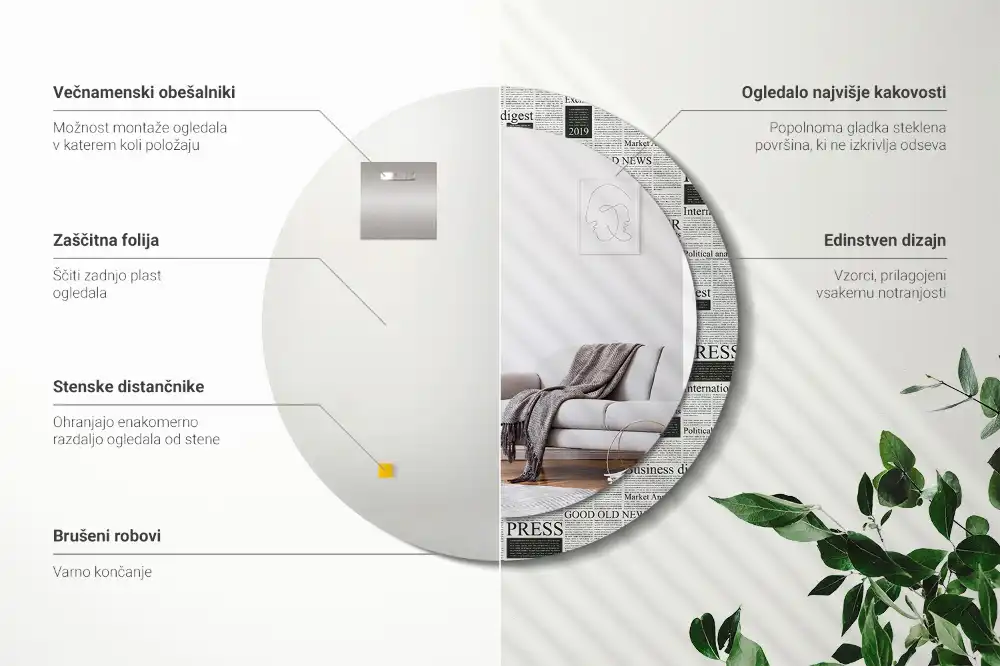 Oglindă rotundă decorativă de perete cu model ziar