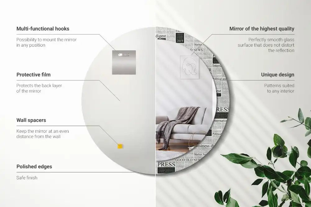 Oglindă rotundă decorativă de perete cu model ziar