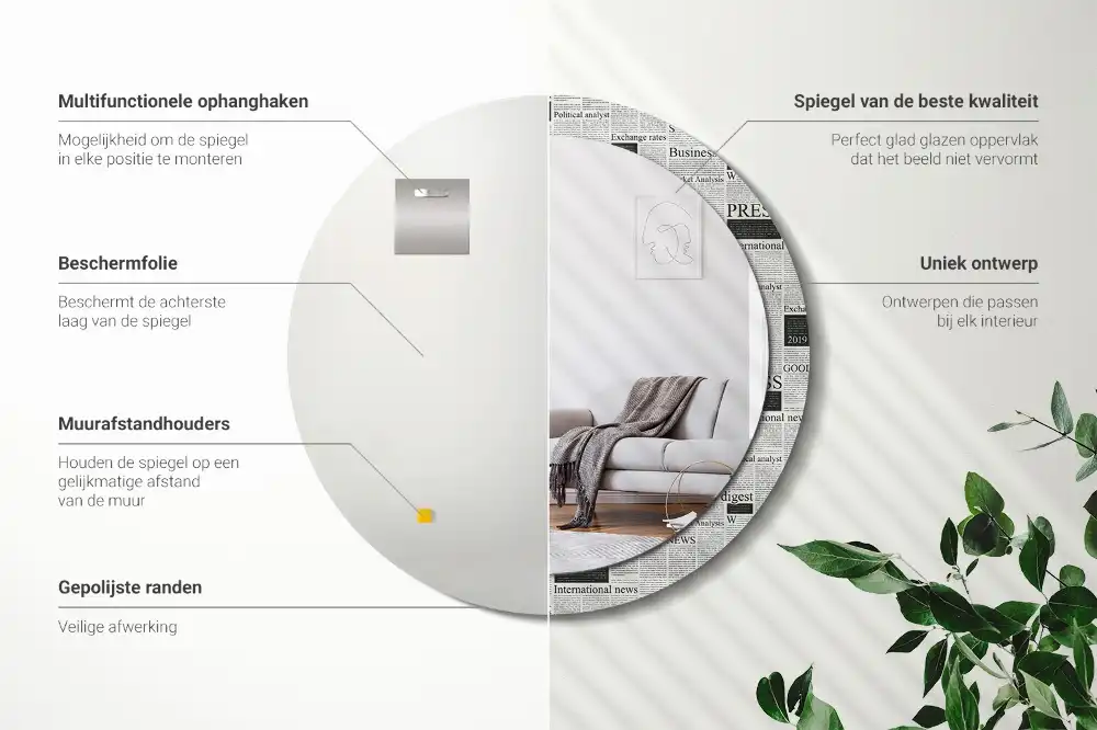 Oglindă rotundă decorativă de perete cu model ziar