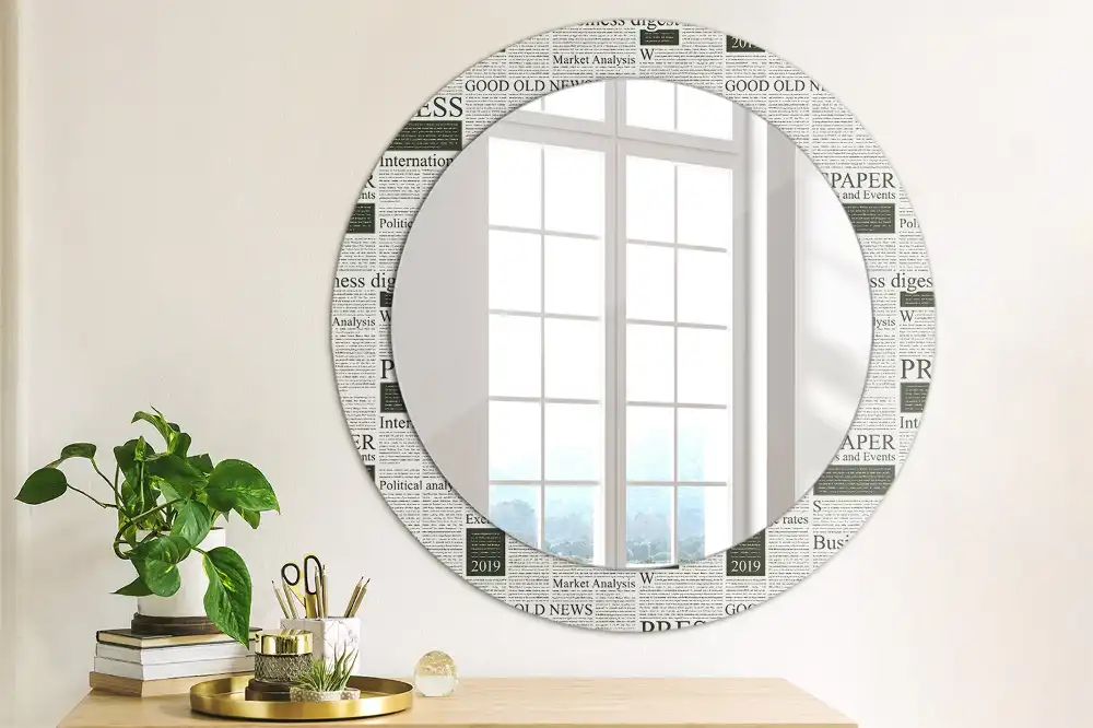 Oglindă rotundă decorativă de perete cu model ziar