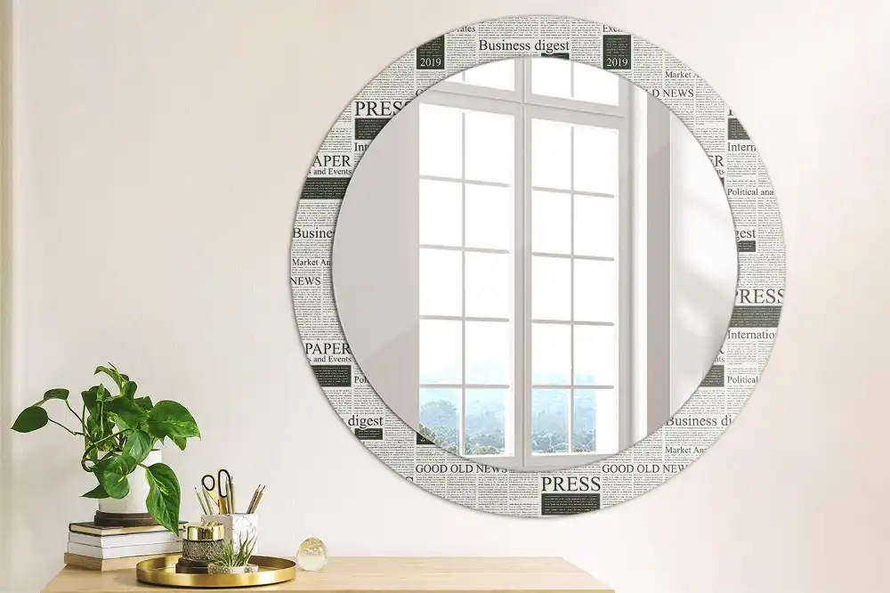 Oglindă rotundă decorativă de perete cu model ziar