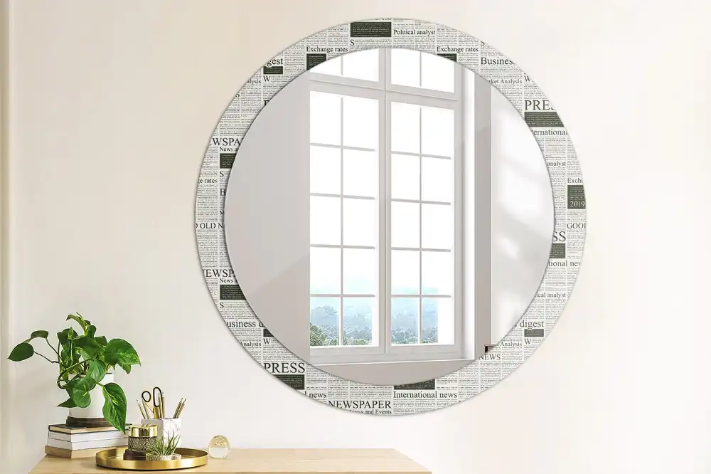 Oglindă rotundă decorativă de perete cu model ziar