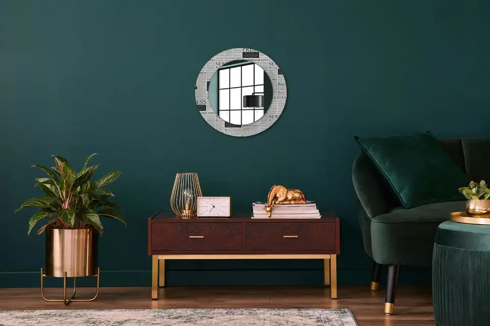 Oglindă rotundă decorativă de perete cu model ziar
