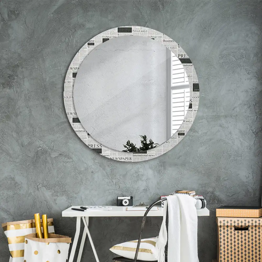 Oglindă rotundă decorativă de perete cu model ziar