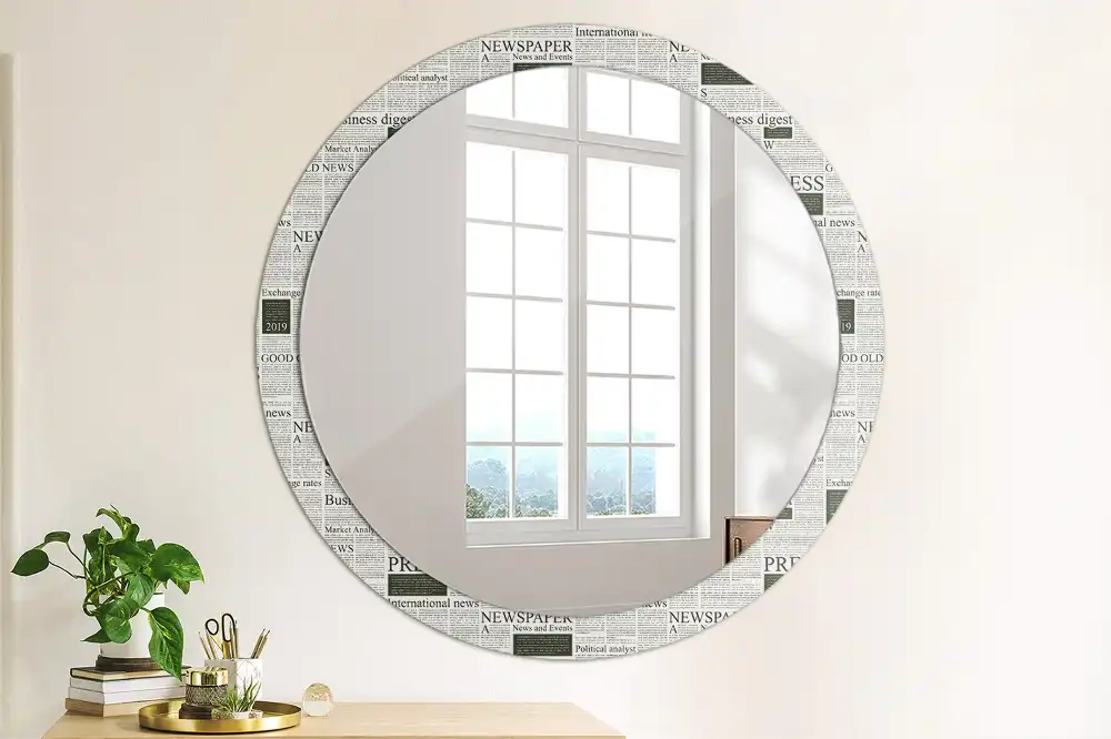 Oglindă rotundă decorativă de perete cu model ziar