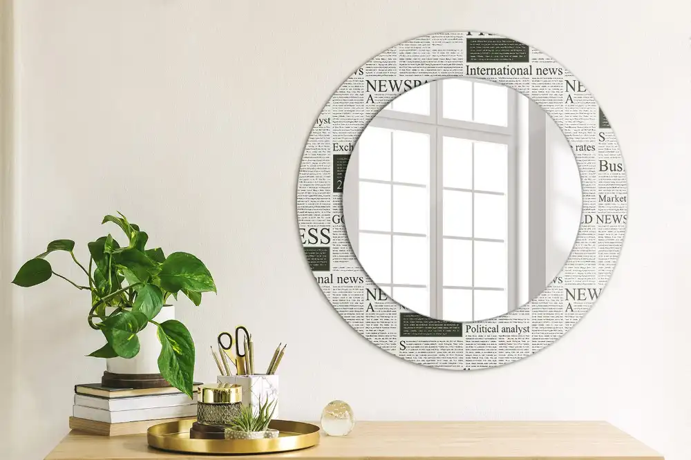 Oglindă rotundă decorativă de perete cu model ziar