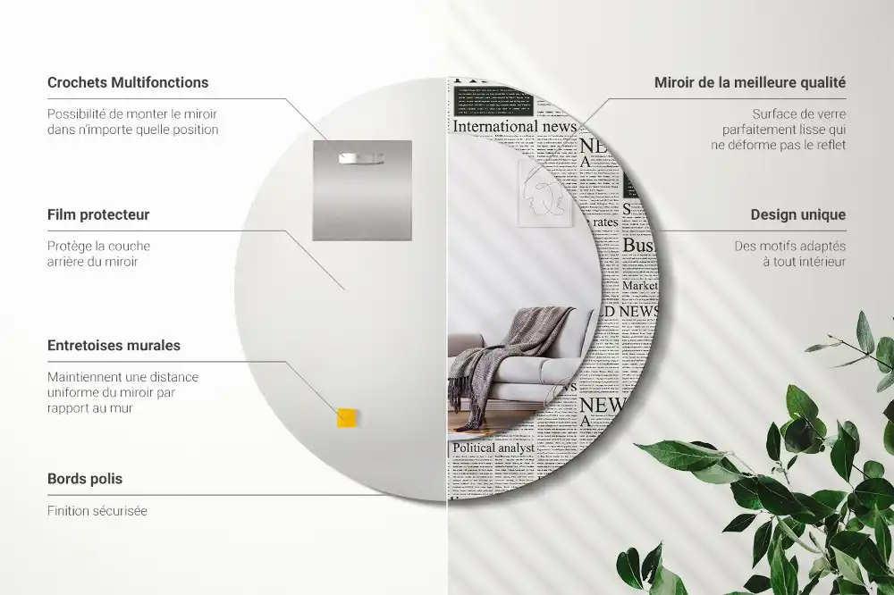 Oglindă rotundă decorativă de perete cu model ziar
