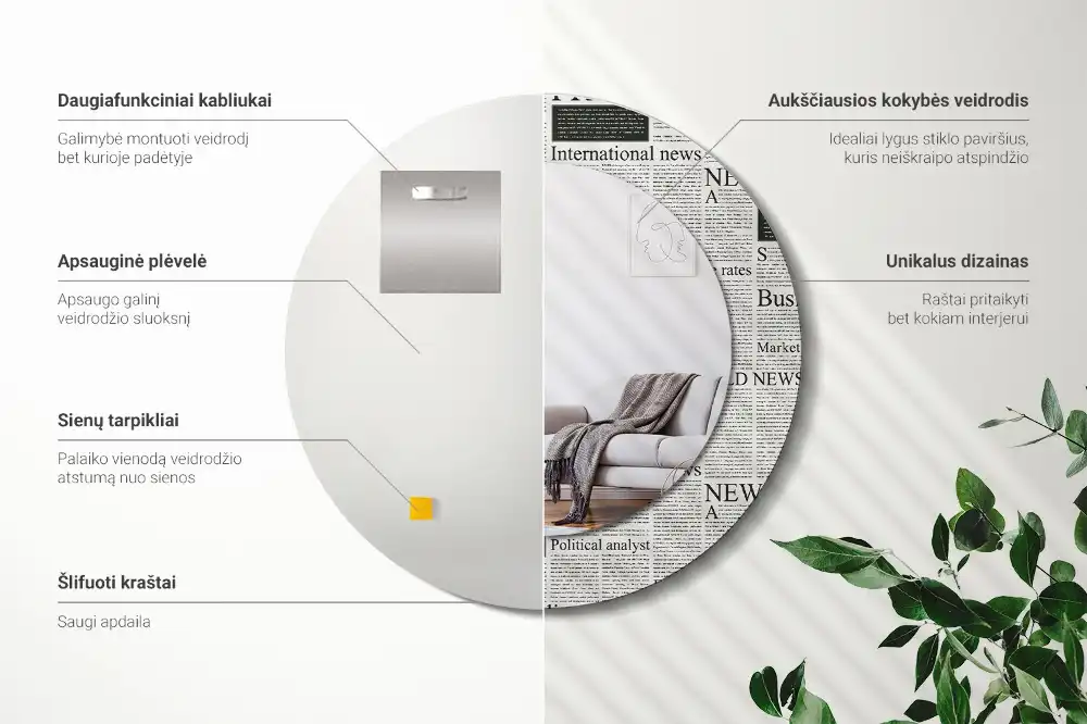 Oglindă rotundă decorativă de perete cu model ziar