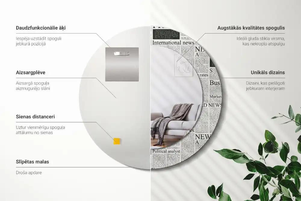 Oglindă rotundă decorativă de perete cu model ziar