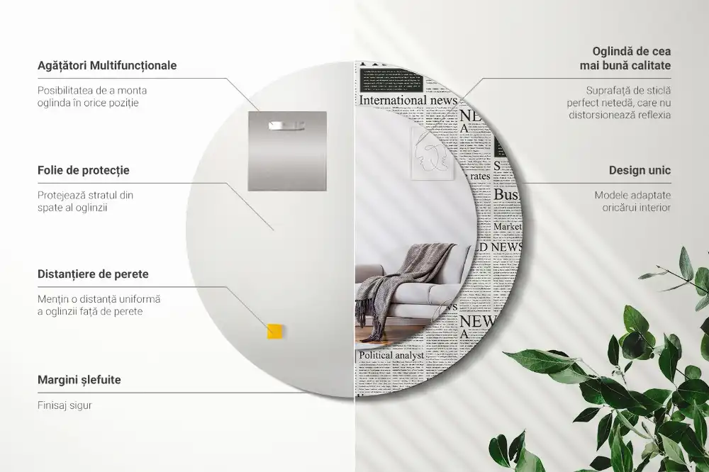 Oglindă rotundă decorativă de perete cu model ziar