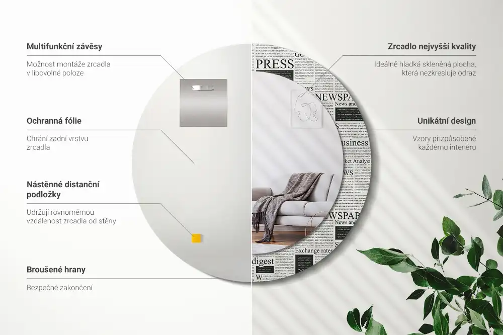 Oglindă rotundă decorativă de perete cu model ziar