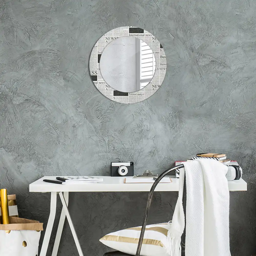 Oglindă rotundă decorativă de perete cu model ziar