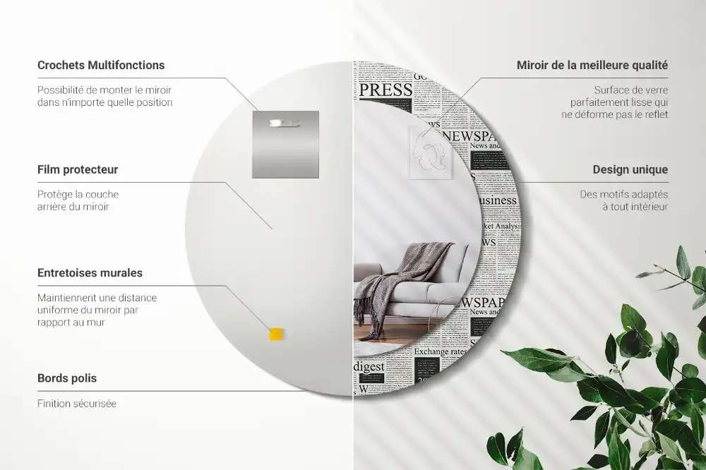 Oglindă rotundă decorativă de perete cu model ziar