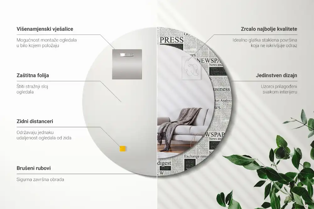 Oglindă rotundă decorativă de perete cu model ziar