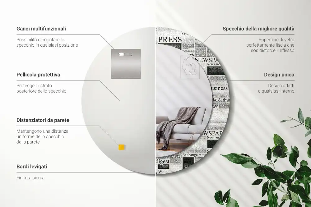 Oglindă rotundă decorativă de perete cu model ziar