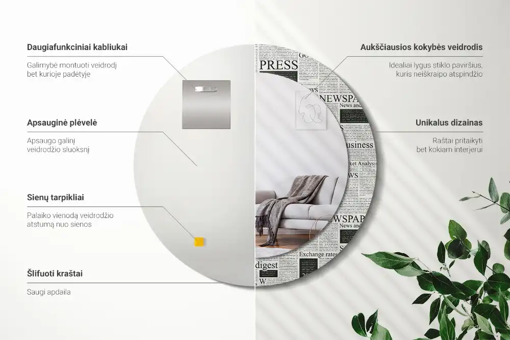 Oglindă rotundă decorativă de perete cu model ziar