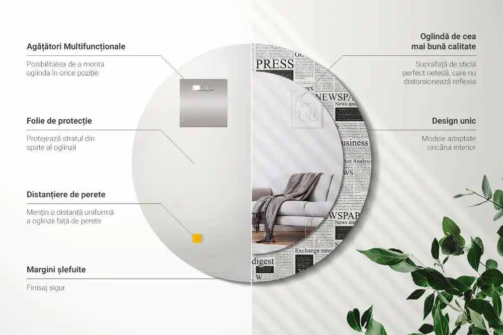 Oglindă rotundă decorativă de perete cu model ziar