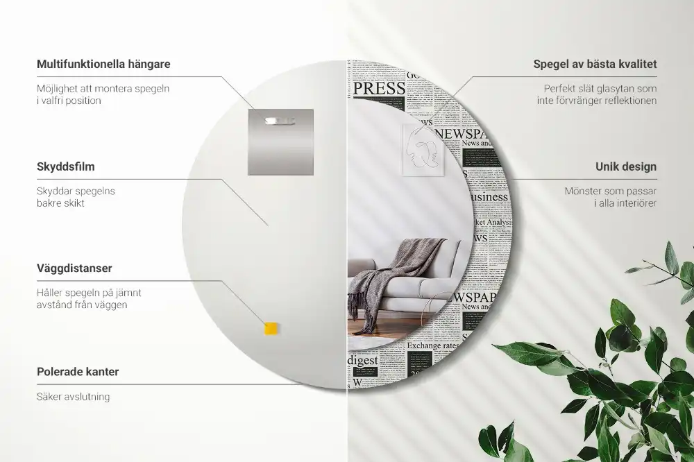 Oglindă rotundă decorativă de perete cu model ziar