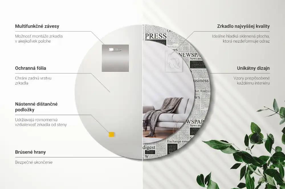 Oglindă rotundă decorativă de perete cu model ziar