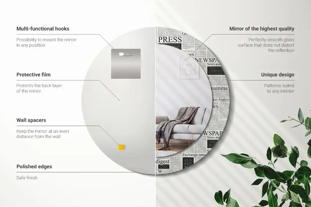 Oglindă rotundă decorativă de perete cu model ziar