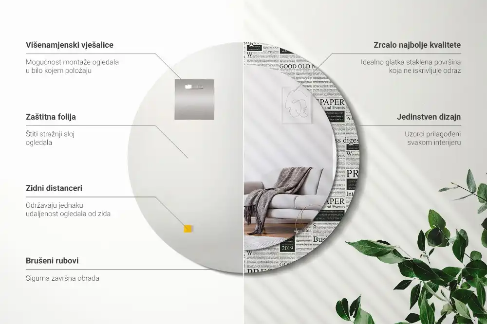 Oglindă rotundă decorativă de perete cu model ziar