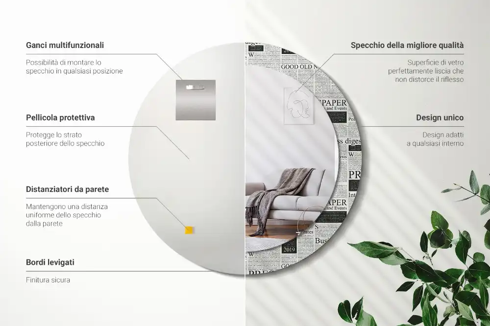 Oglindă rotundă decorativă de perete cu model ziar