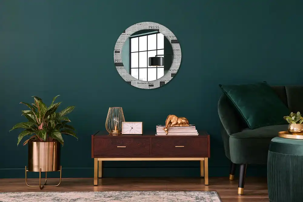 Oglindă rotundă decorativă de perete cu model ziar