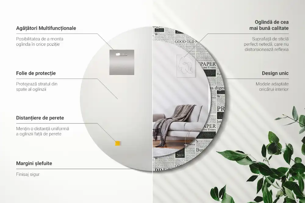 Oglindă rotundă decorativă de perete cu model ziar