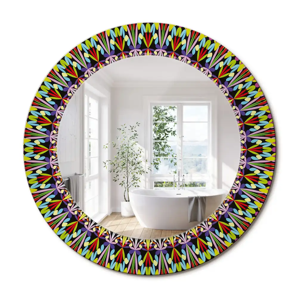 Oglindă rotundă cu ramă cu imprimeu mandala