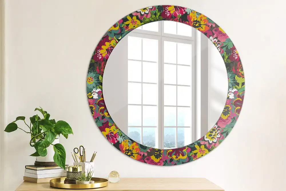 Oglindă rotundă decorativă cu flori pictate