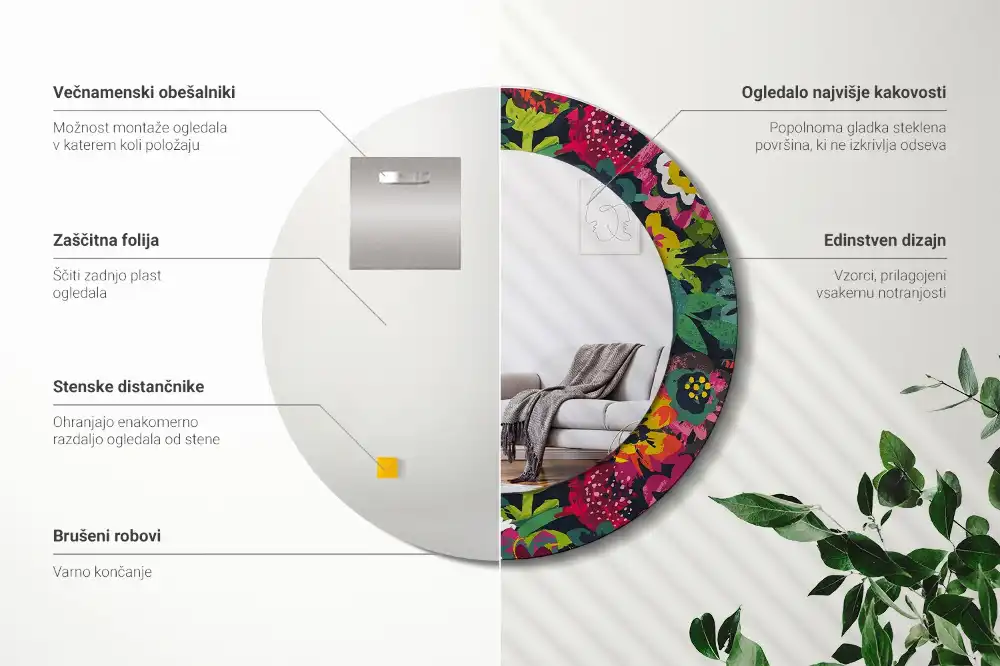 Oglindă rotundă decorativă cu flori pictate