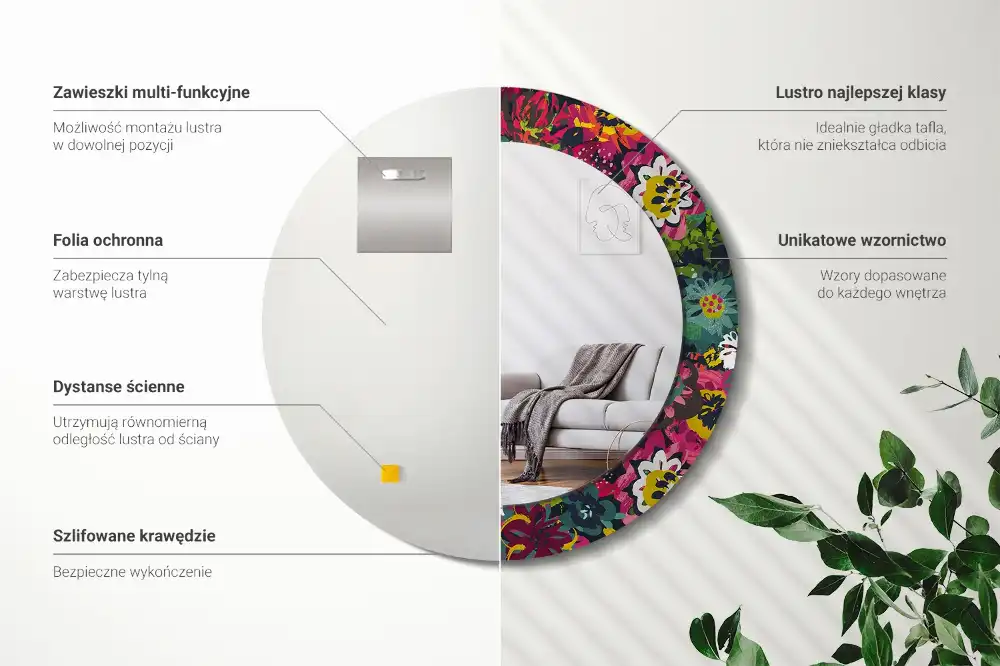 Oglindă rotundă decorativă cu flori pictate