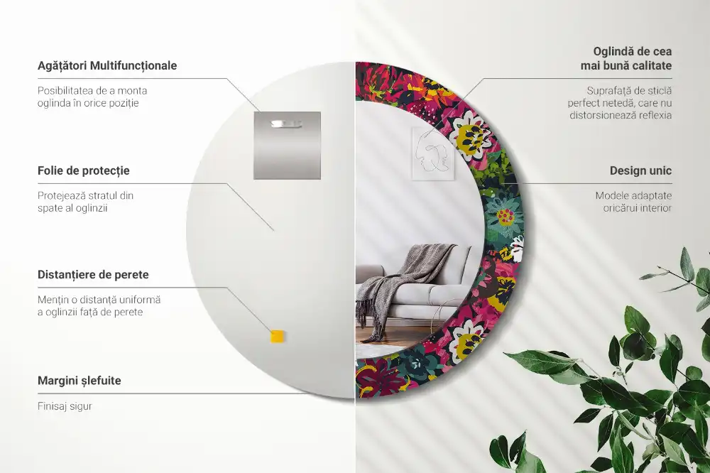 Oglindă rotundă decorativă cu flori pictate