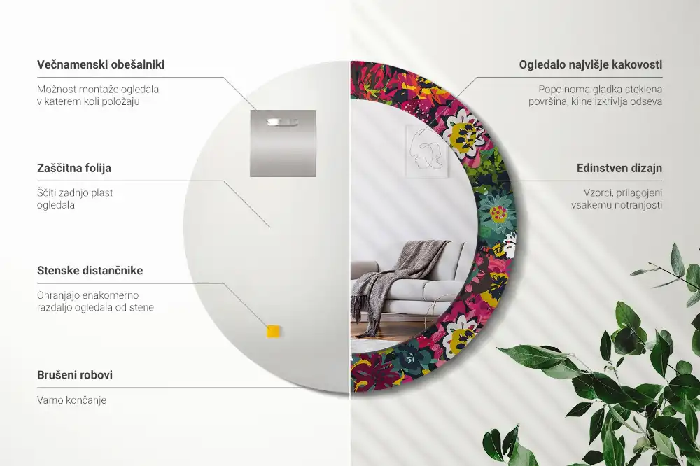 Oglindă rotundă decorativă cu flori pictate