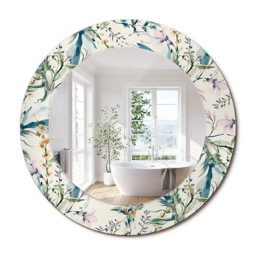 Oglindă rotundă decorativă de perete cu model de flori în acuarelă