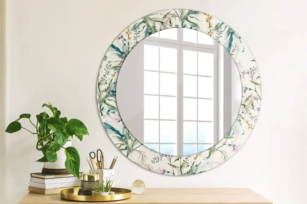 Oglindă rotundă decorativă de perete cu model de flori în acuarelă