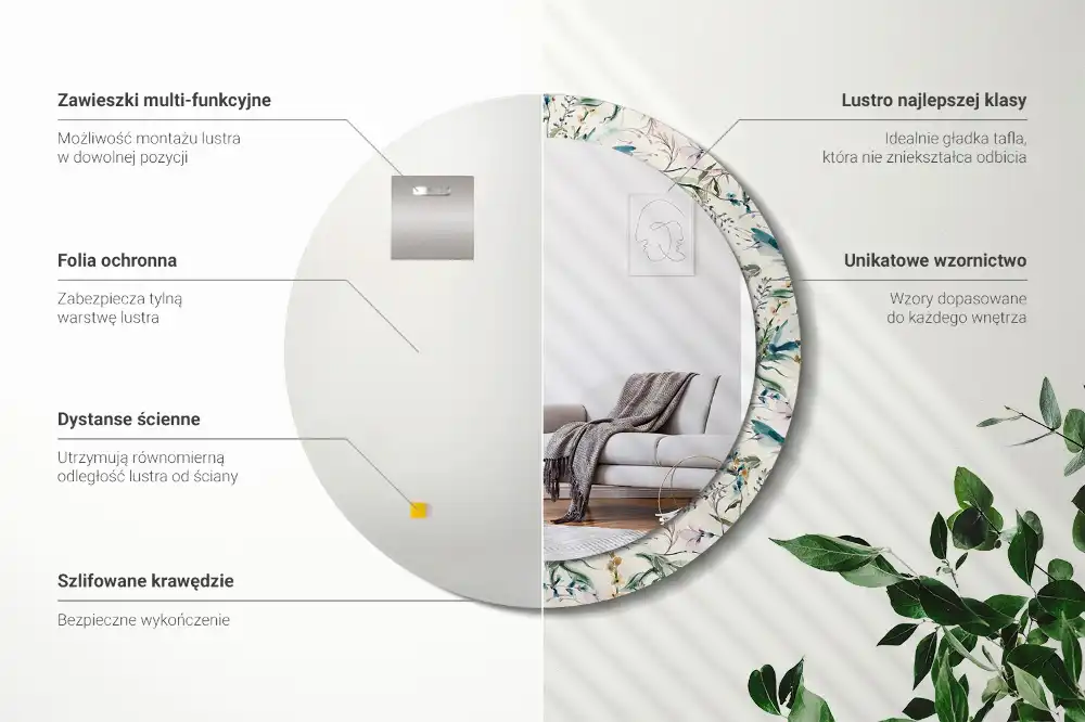 Oglindă rotundă decorativă de perete cu model de flori în acuarelă