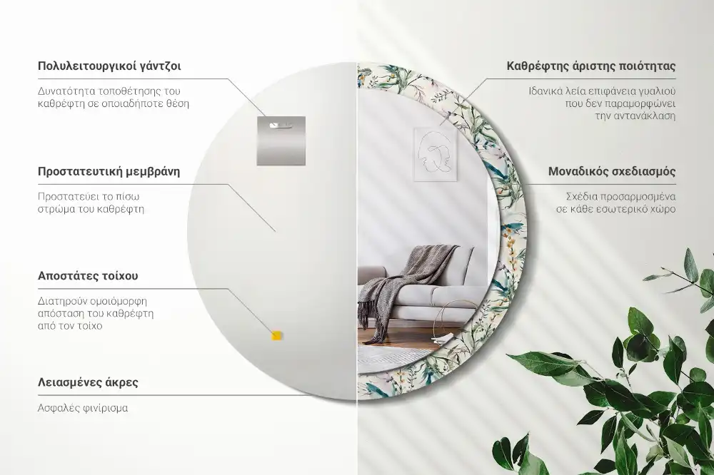 Oglindă rotundă decorativă de perete cu model de flori în acuarelă