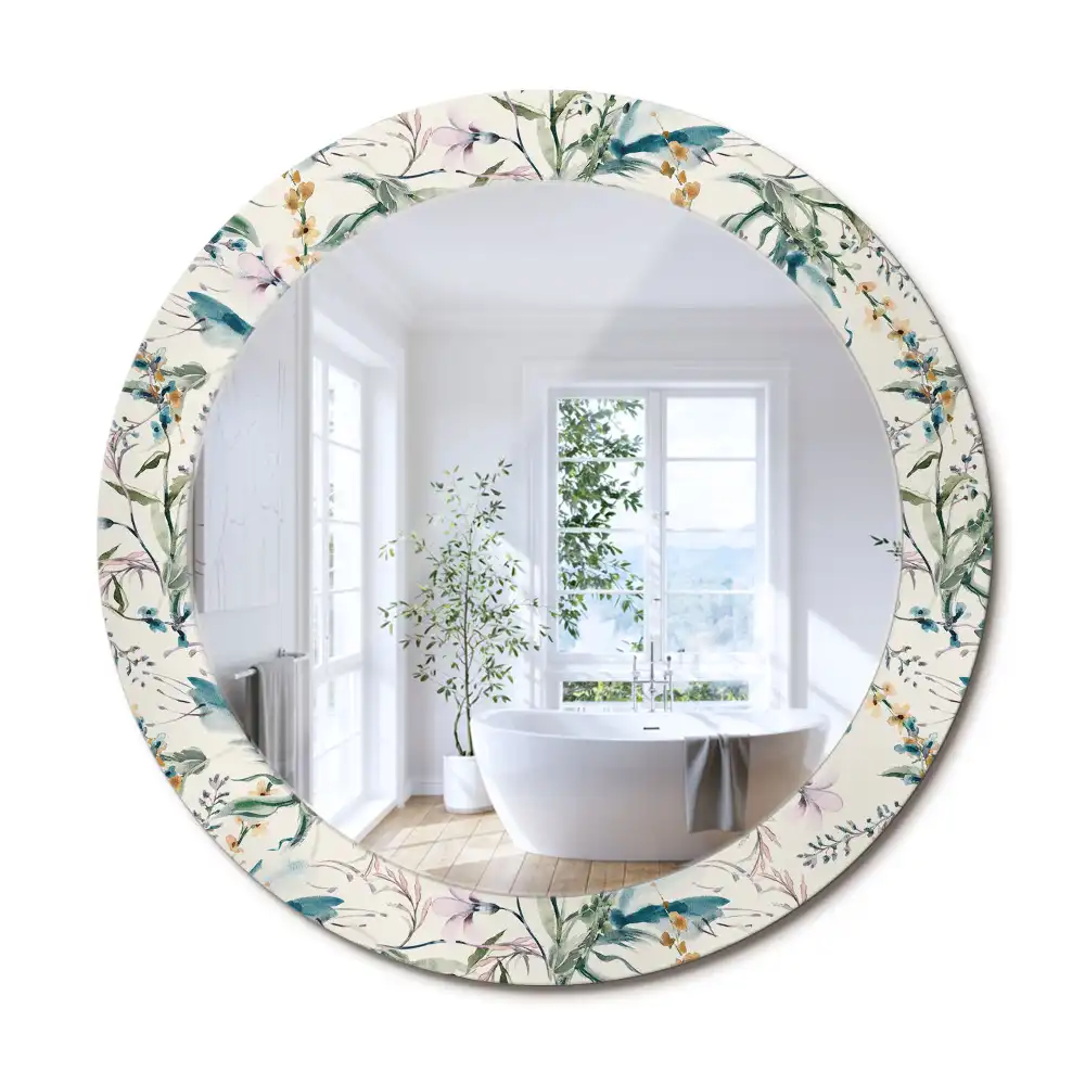 Oglindă rotundă decorativă de perete cu model de flori în acuarelă