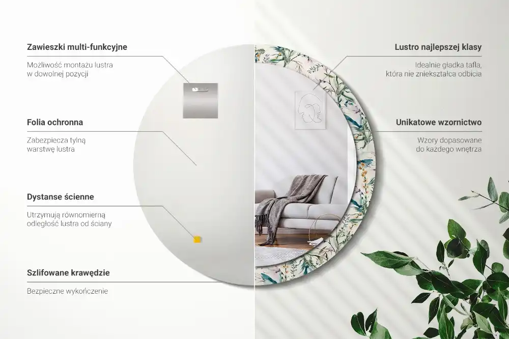 Oglindă rotundă decorativă de perete cu model de flori în acuarelă