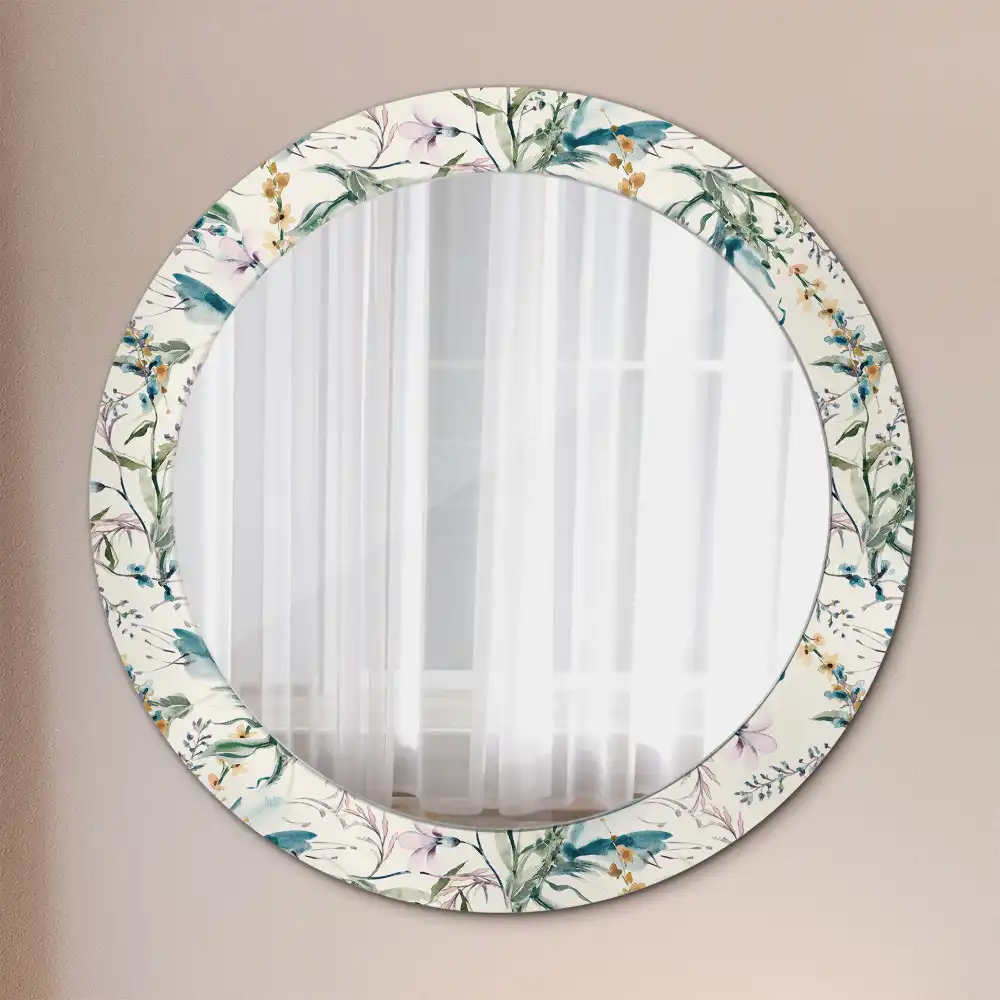 Oglindă rotundă decorativă de perete cu model de flori în acuarelă