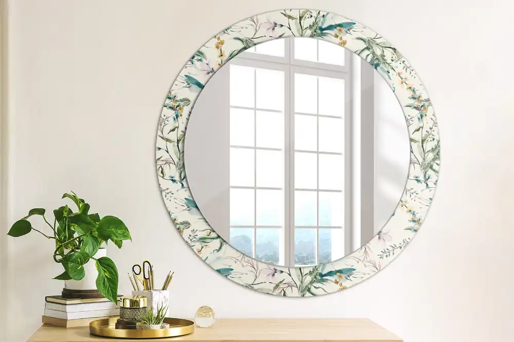 Oglindă rotundă decorativă de perete cu model de flori în acuarelă