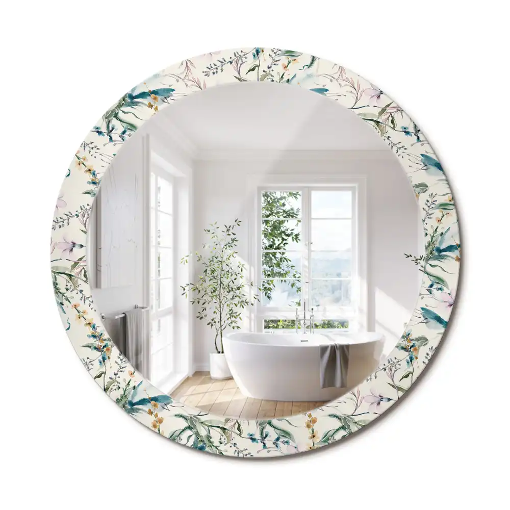 Oglindă rotundă decorativă de perete cu model de flori în acuarelă