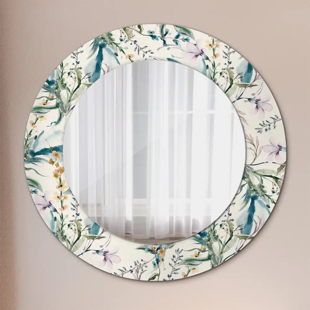 Oglindă rotundă decorativă de perete cu model de flori în acuarelă