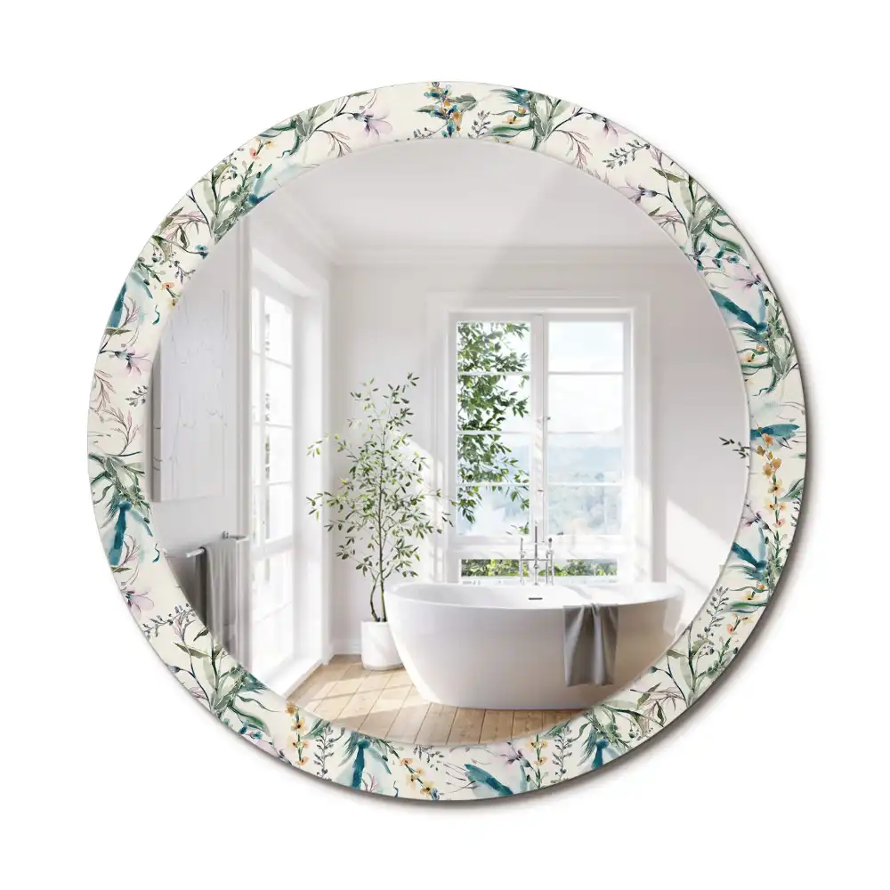 Oglindă rotundă decorativă de perete cu model de flori în acuarelă