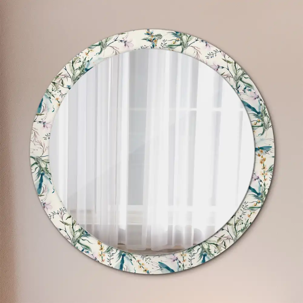 Oglindă rotundă decorativă de perete cu model de flori în acuarelă