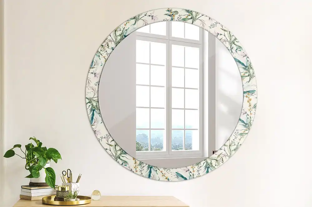 Oglindă rotundă decorativă de perete cu model de flori în acuarelă